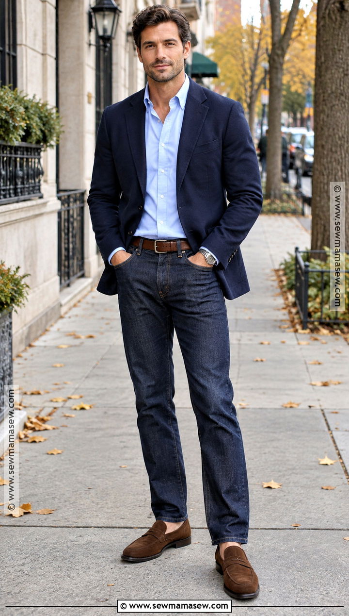 Navy Blazer and Dark Jeans Smart Casual Fall Outfit - 15 smart casual fall outfits for men