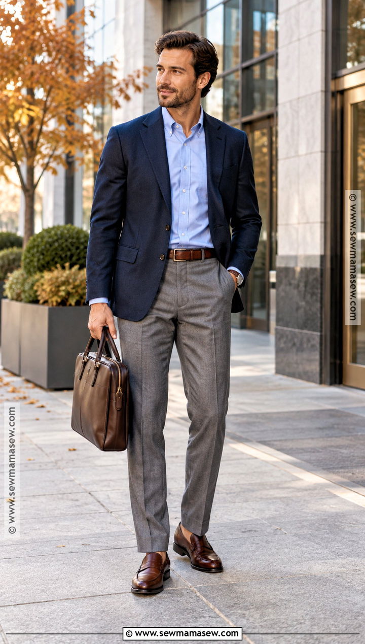 Navy Blazer and Gray Trousers Fall Work Outfit - 15 fall work outfits for men
