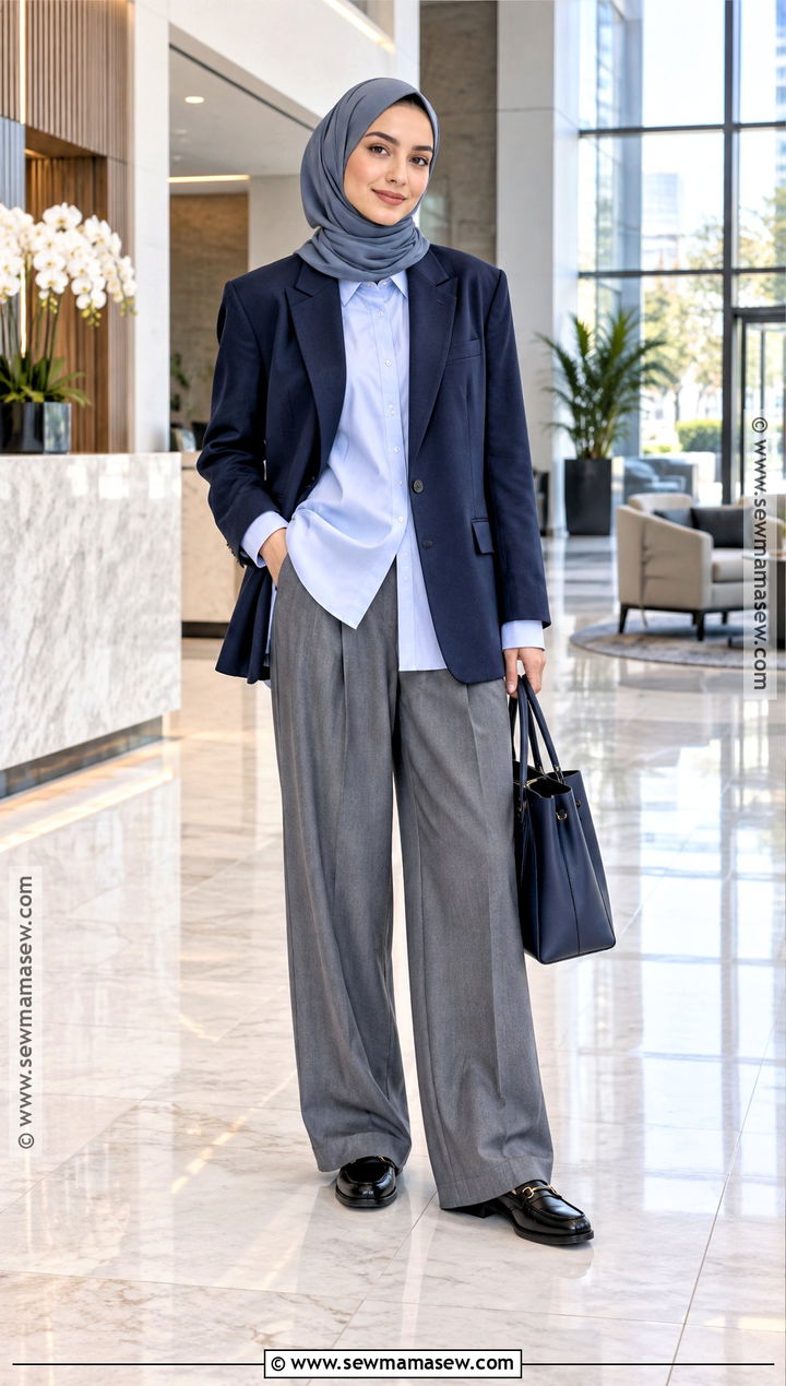 Navy Blazer and Gray Trousers Hijab Outfit - 25 fall hijab outfits