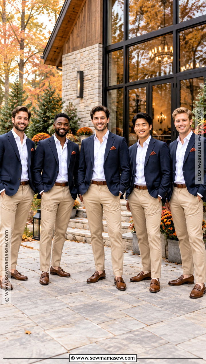 Navy Blazer and Khaki Chinos Groomsmen Attire - 15 casual fall groomsmen attire ideas