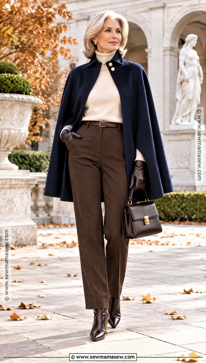 Navy Blue Cape With Turtleneck And Trousers - 20 Navy Blue Autumn Outfit Ideas