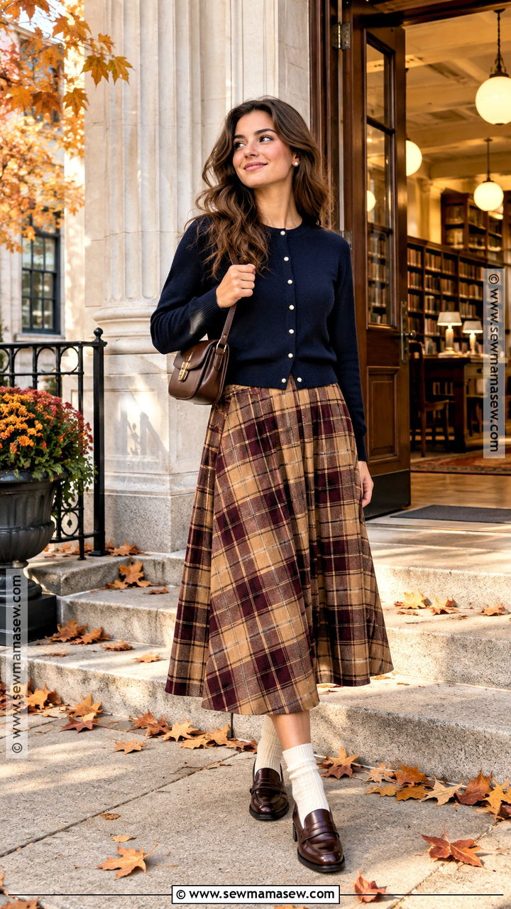 Navy Blue Cardigan With Plaid Midi Skirt - 20 Navy Blue Autumn Outfit Ideas