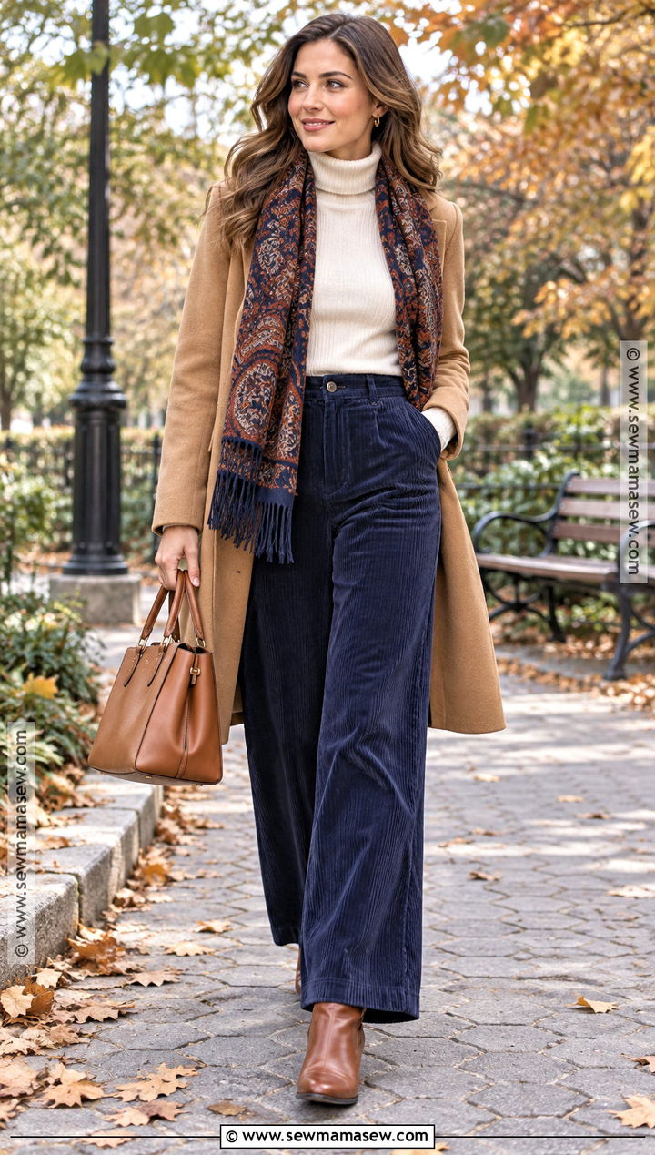 Navy Blue Corduroy Pants With Camel Coat - 20 Navy Blue Autumn Outfit Ideas