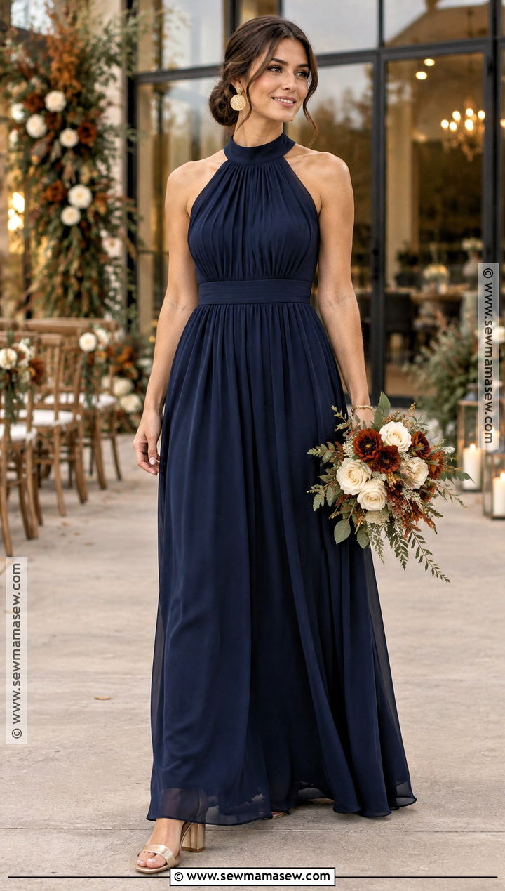 Navy Blue High Neck Bridesmaid Dress With Gold Accessories - 15 Navy Blue Bridesmaid Dresses Fall