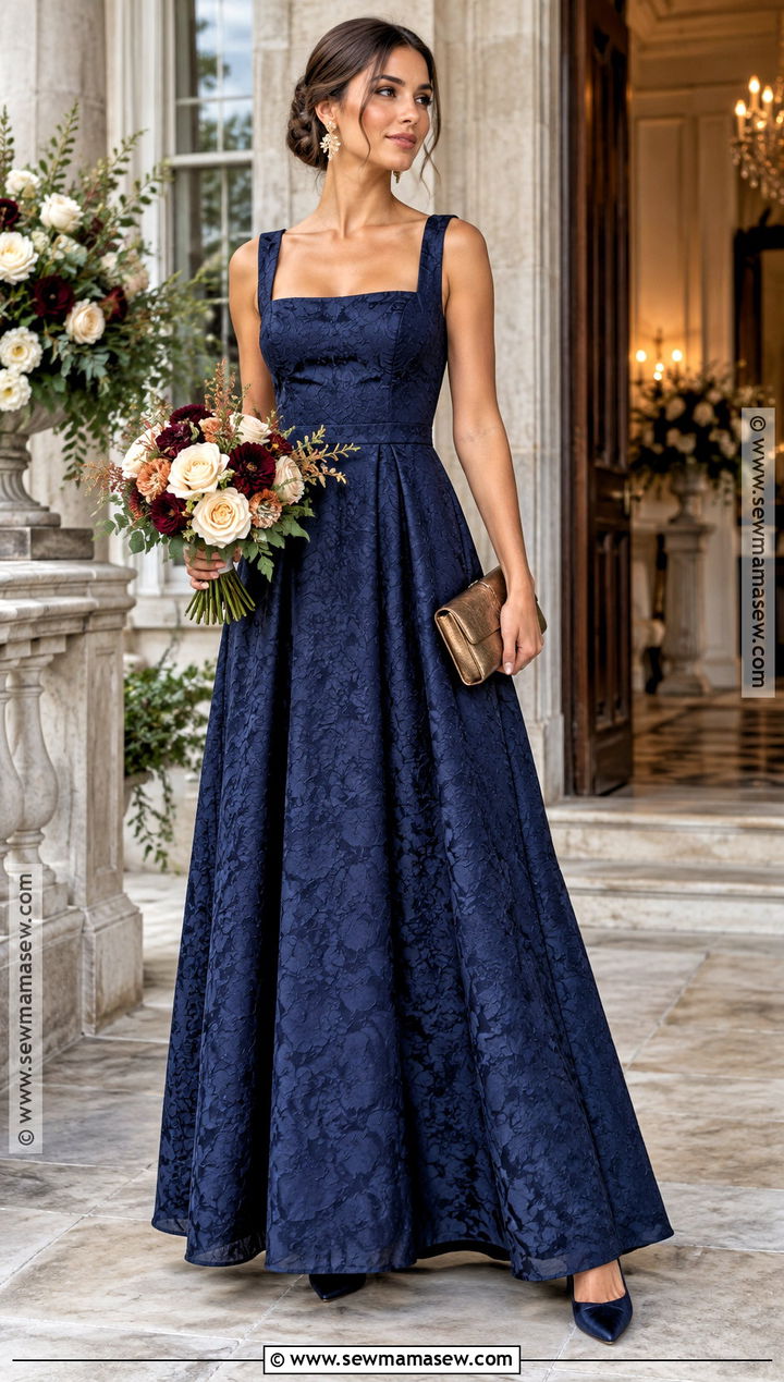 Navy Blue Jacquard Bridesmaid Dress - 15 October Bridesmaid Dresses Blue