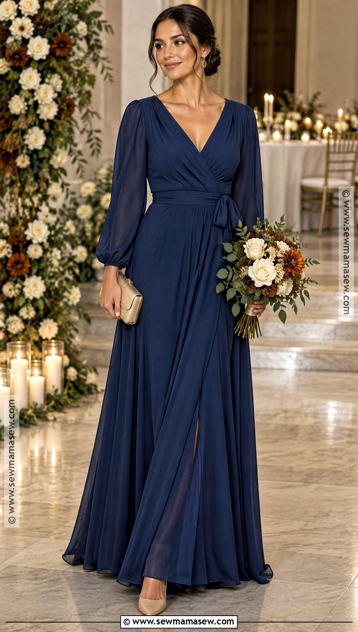 Navy Blue Long Sleeve Bridesmaid Dress - 15 Autumn Themed Bridesmaid Dresses