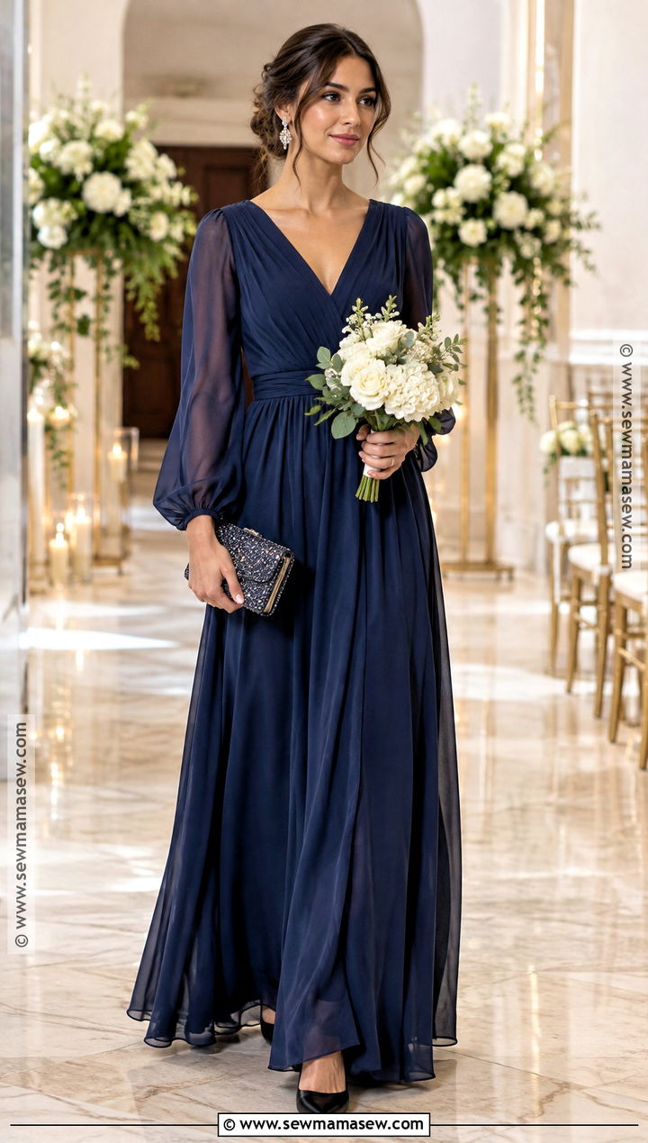 Navy Blue Long Sleeve Chiffon Bridesmaid Dress - 20 november wedding bridesmaid dress ideas