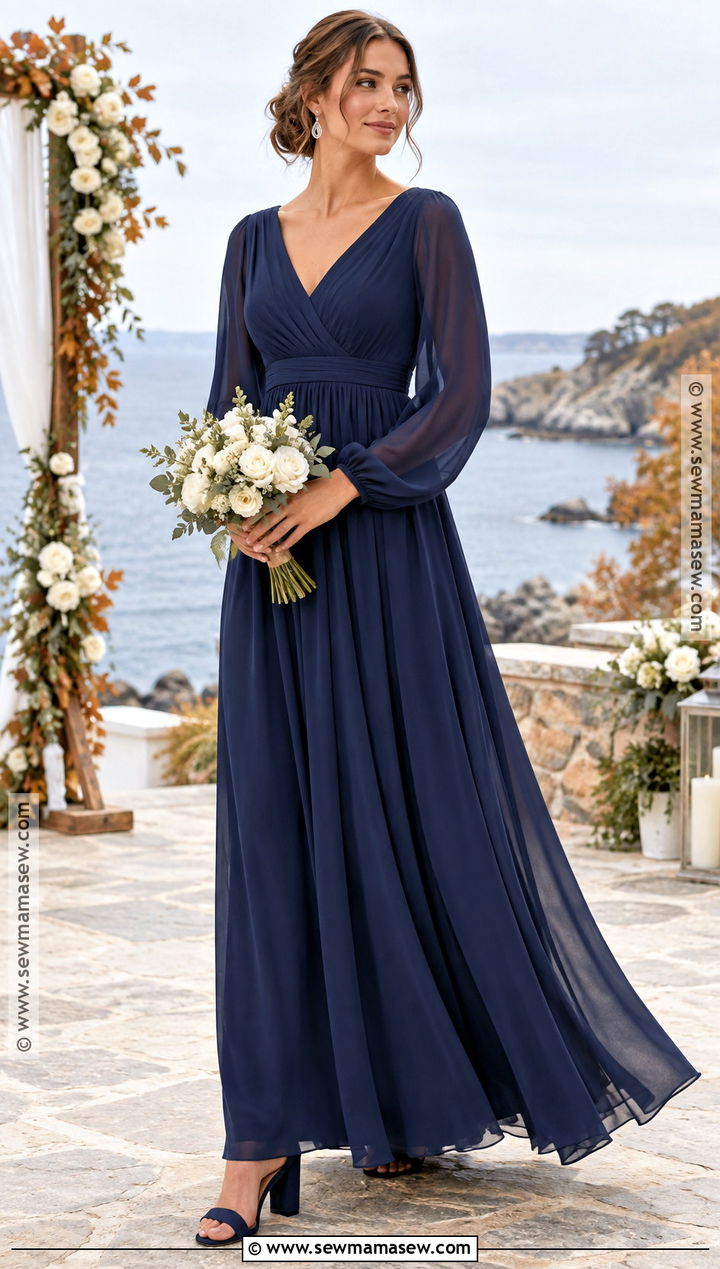 Navy Blue Long Sleeve Chiffon Bridesmaid Dress - 20 bridesmaid dresses autumn
