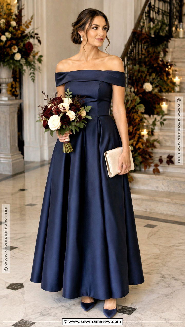 Navy Blue Off Shoulder Bridesmaid Dress With Pearl Jewelry - 15 Navy Blue Bridesmaid Dresses Fall
