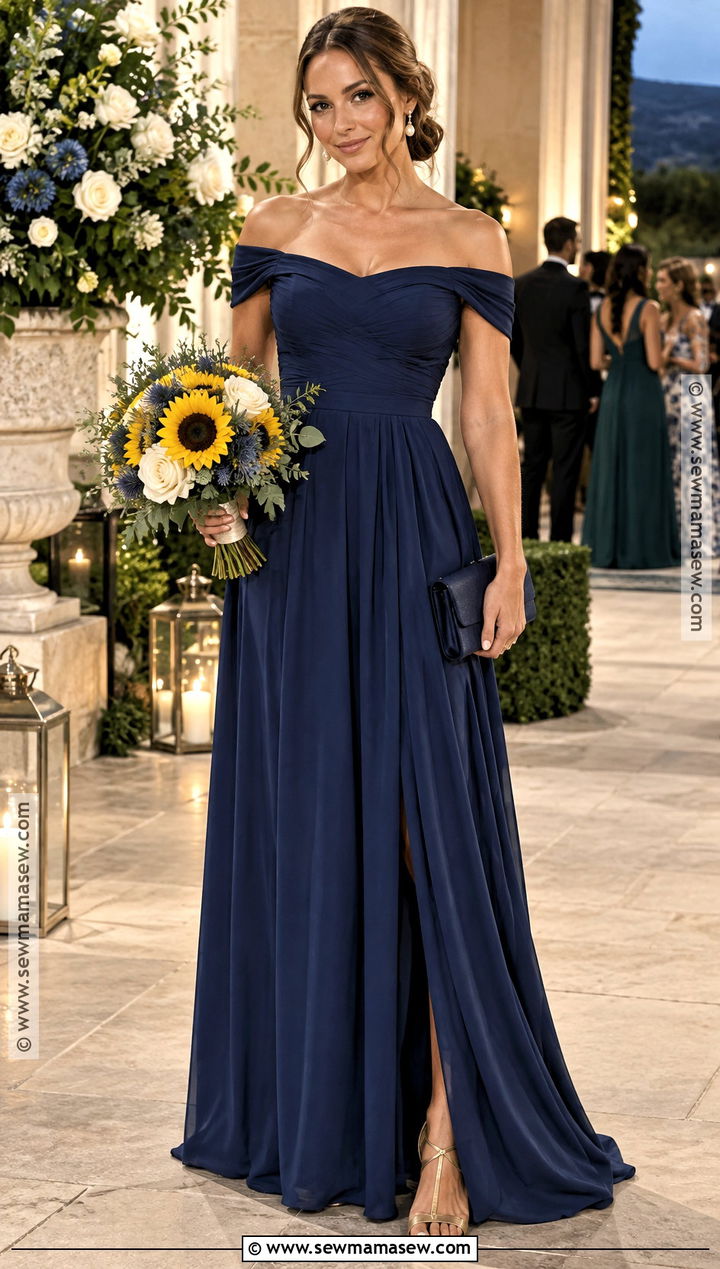 Navy Blue Off the Shoulder Bridesmaid Dress - 15 fall sunflower wedding theme bridesmaid dresses