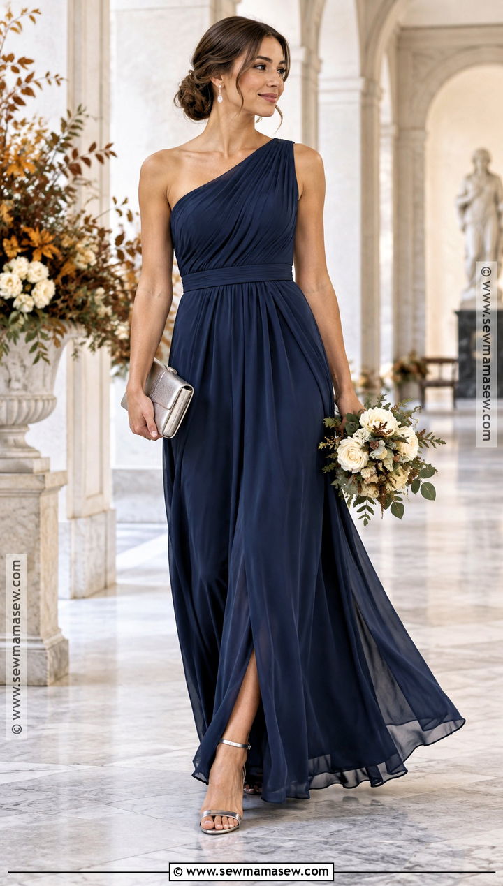 Navy Blue One Shoulder Bridesmaid Dress With Metallic Heels - 15 Navy Blue Bridesmaid Dresses Fall