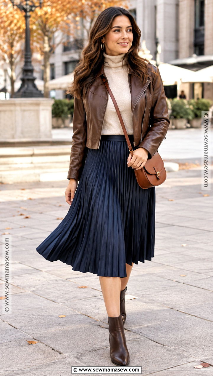 Navy Blue Pleated Skirt With Leather Jacket - 20 Navy Blue Autumn Outfit Ideas