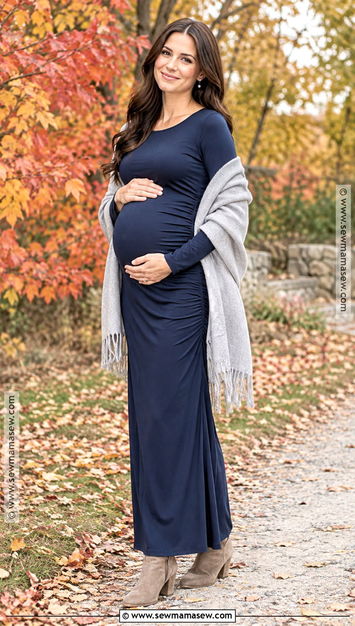 Navy Blue Ruched Maternity Maxi Dress - 15 fall maternity dresses for photoshoot
