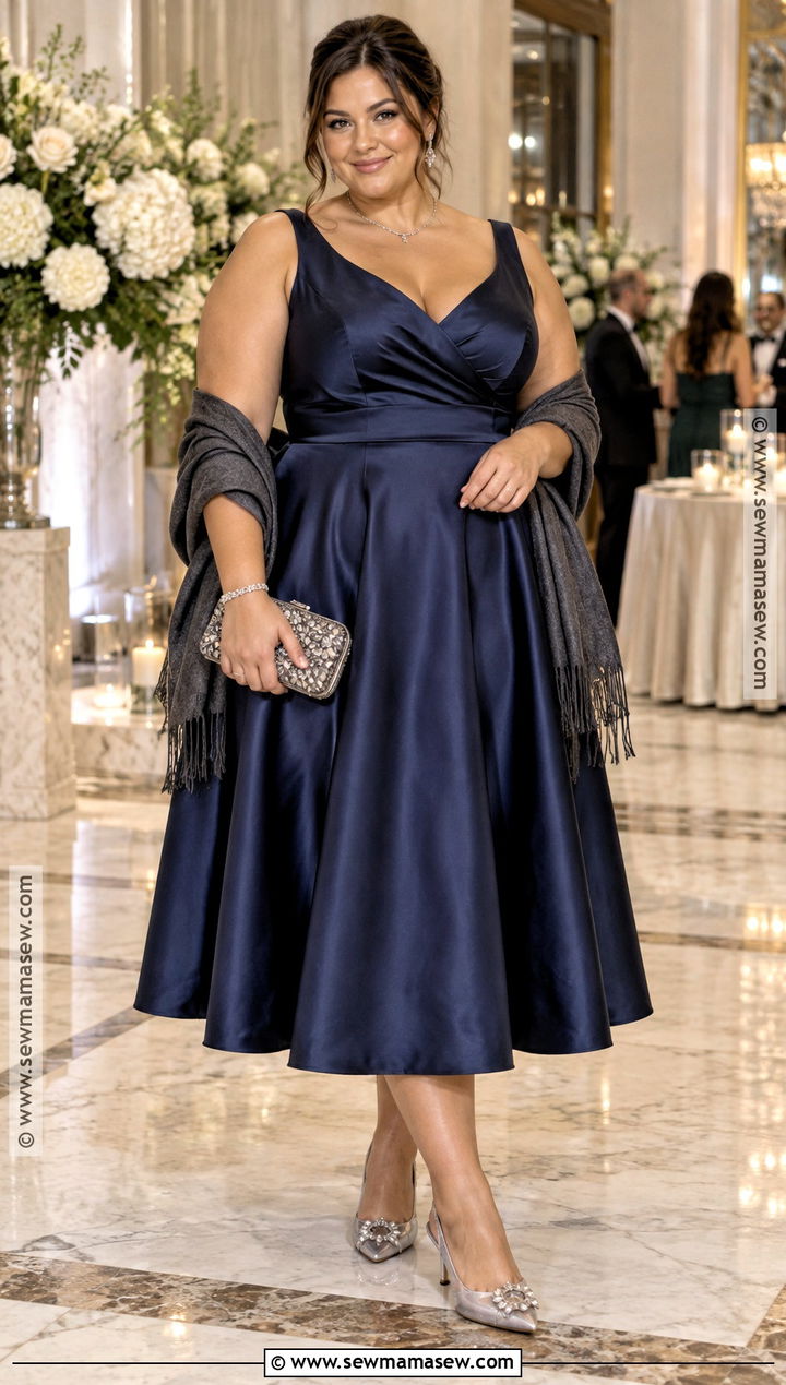Navy Blue Satin A Line Dress - 15 october wedding guest dress ideas for plus size