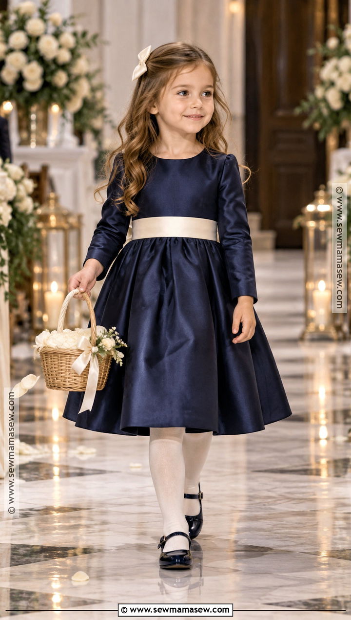 Navy Blue Satin Flower Girl Dress - 15 November Flower Girl Dresses