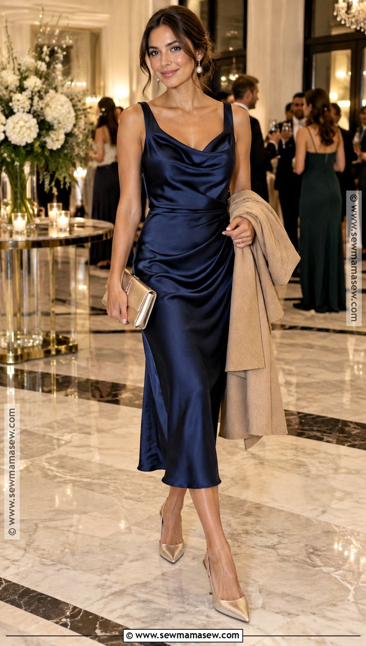 Navy Blue Satin Midi Fall Wedding Guest Dress - 15 fall wedding guest dress blue ideas