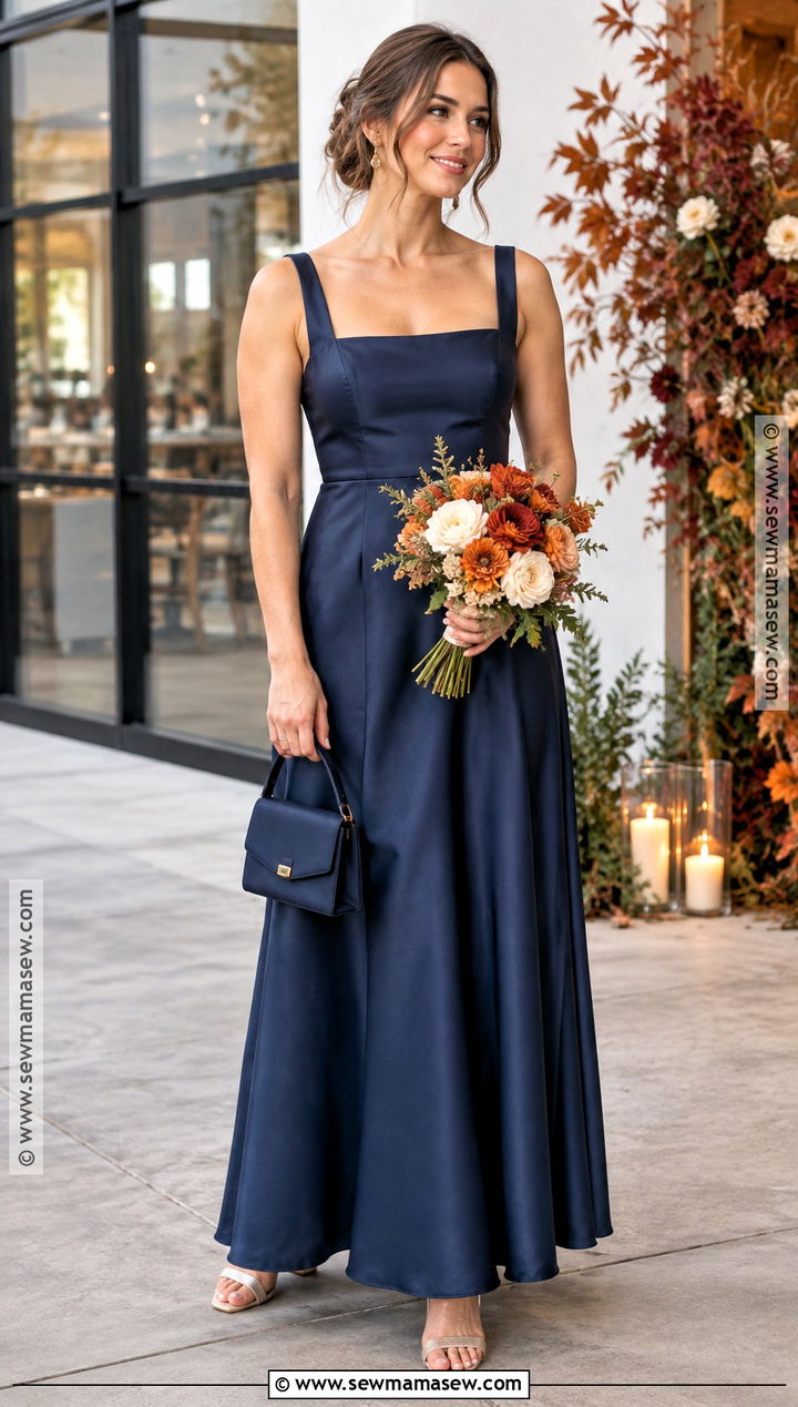Navy Blue Square Neck Bridesmaid Dress With Low Heels - 15 Navy Blue Bridesmaid Dresses Fall