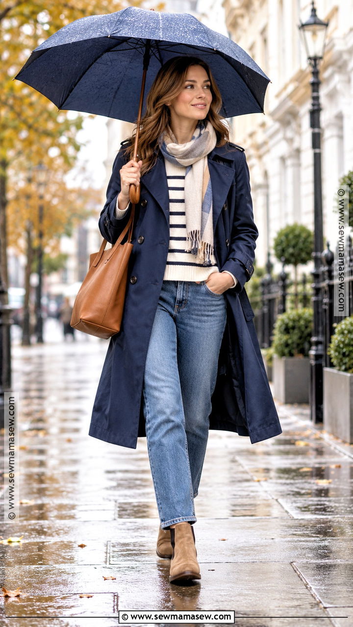 Navy Blue Trench Coat With Striped Sweater And Jeans - 20 Navy Blue Autumn Outfit Ideas