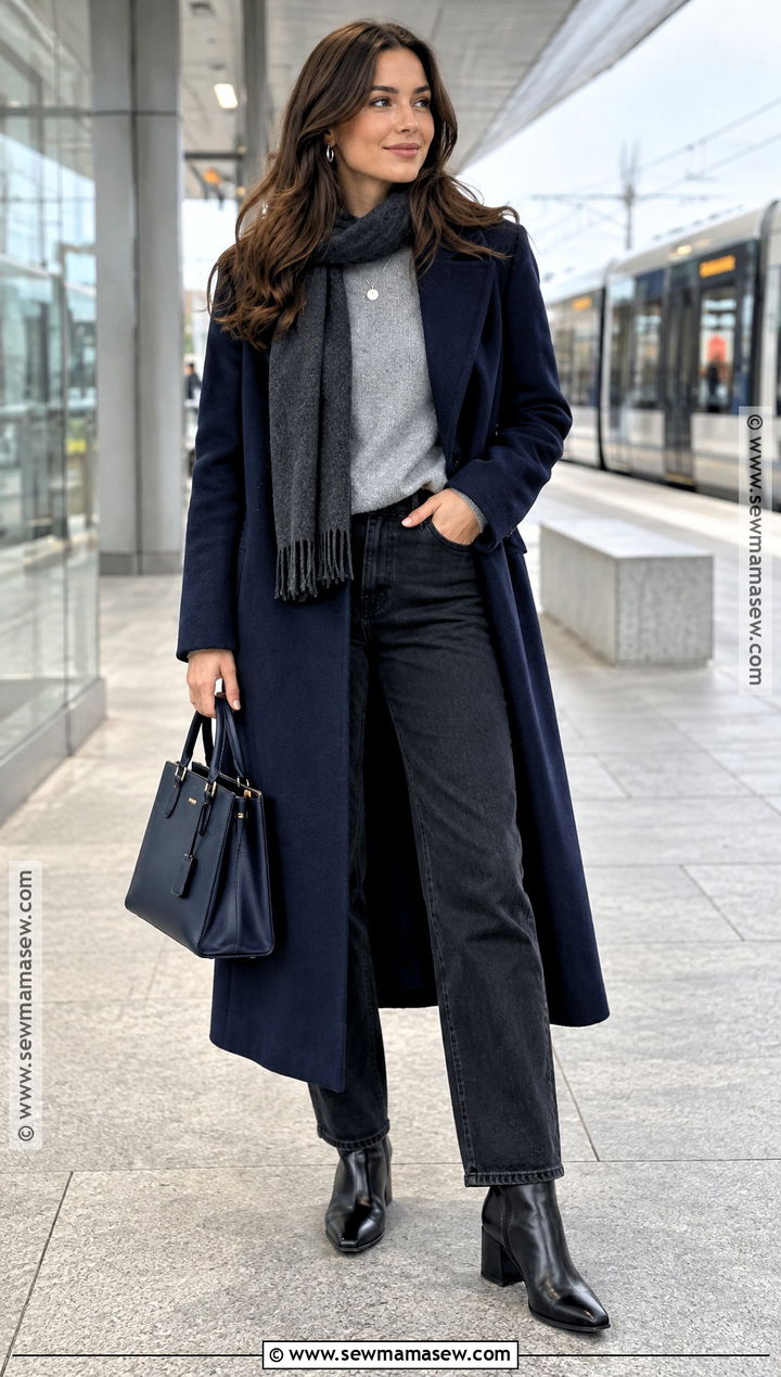 Navy Blue Wool Coat With Gray Sweater And Black Jeans - 20 Navy Blue Autumn Outfit Ideas