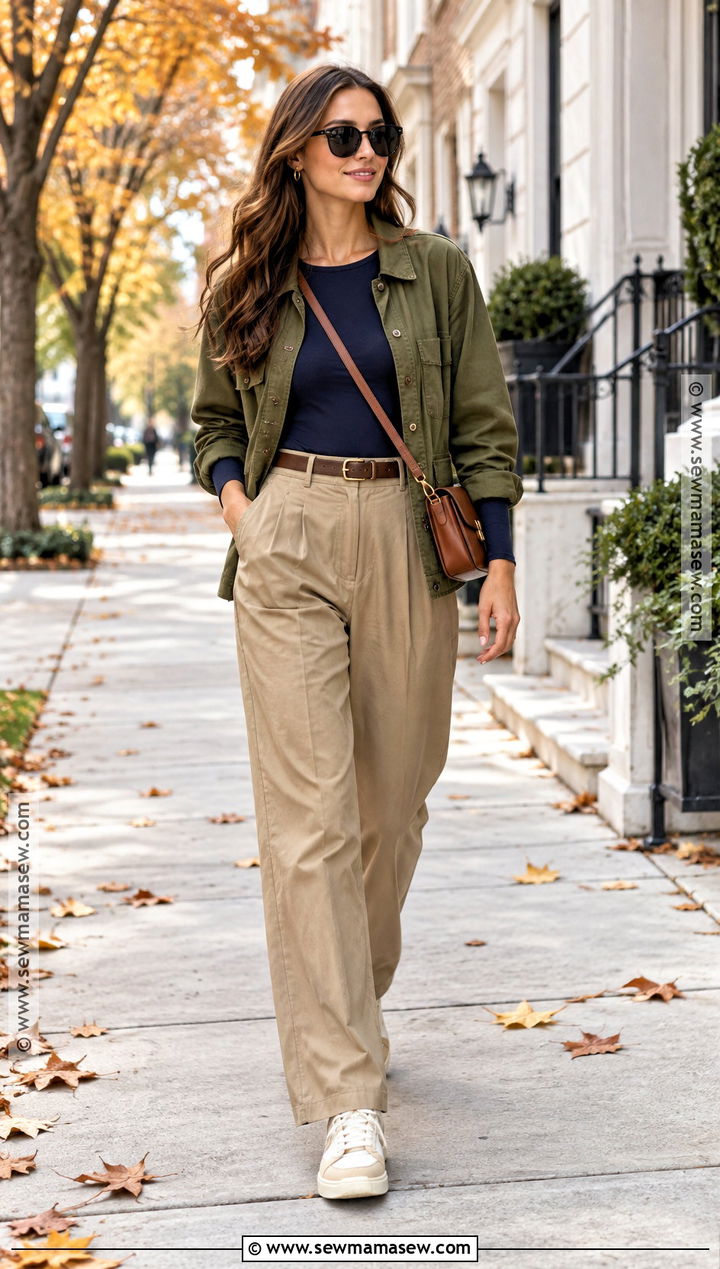 Navy Bodysuit With Khaki Trousers - 15 Body Suit Outfits Fall Casual