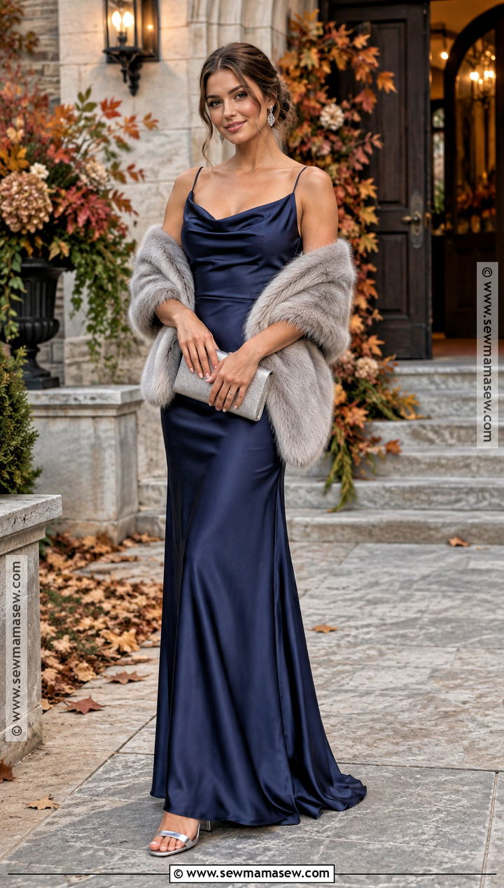 Navy Bridesmaid Dress With Gray Faux Fur Wrap - 15 wedding shawls and wraps fall bridal party ideas
