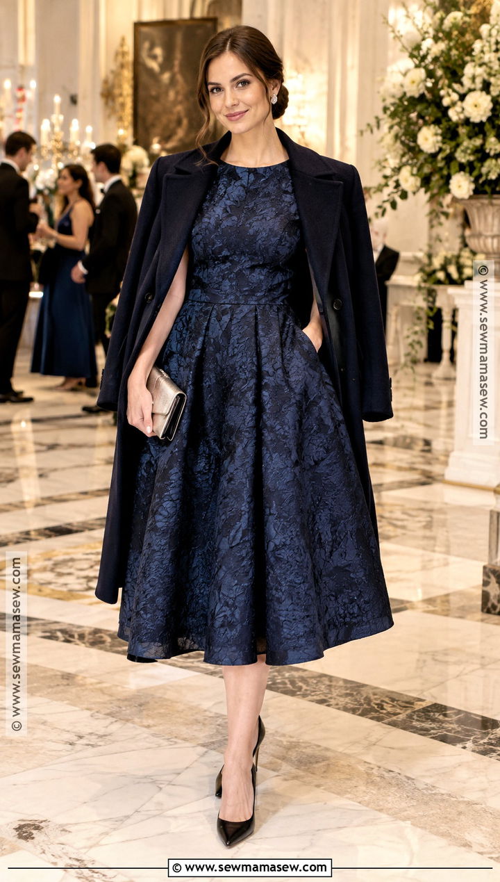 Navy Brocade Cocktail Dress - 25 fall cocktail dress wedding guest ideas