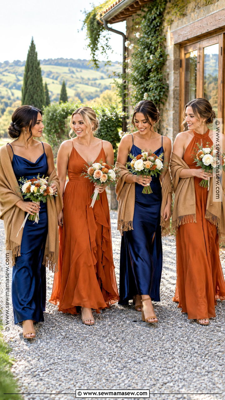 Navy Burnt Orange And Camel Bridesmaid Dresses - 20 autumn bridesmaid dresses color palettes
