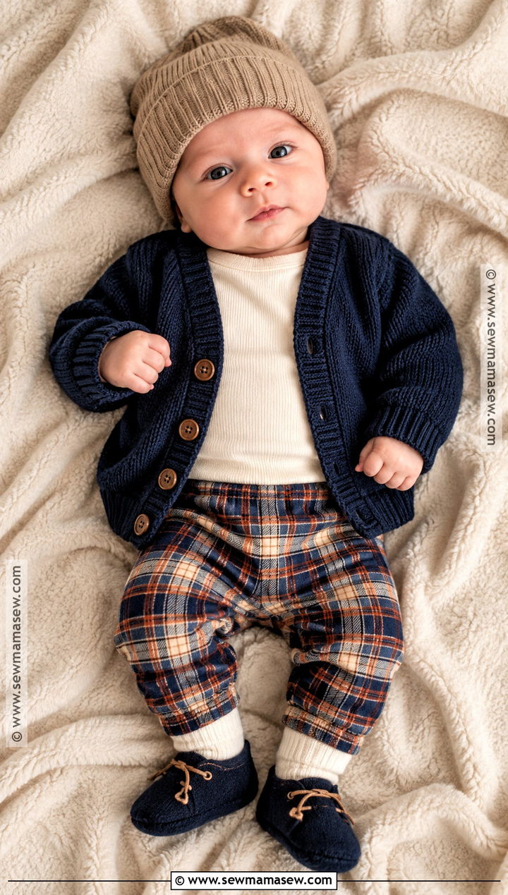 Navy Cardigan And Plaid Pants Baby Boy Fall Outfit - 15 Baby Boy Fall Outfits 0-3 Months
