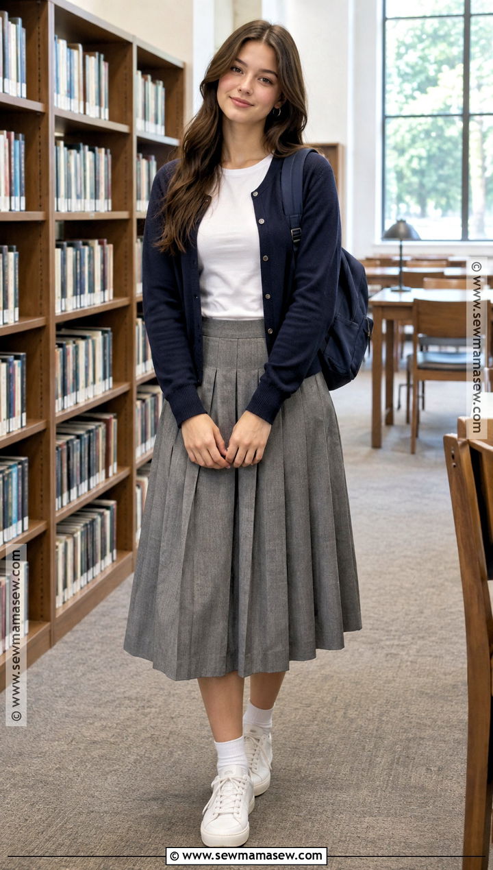 Navy Cardigan And Pleated Midi Skirt Back To School Fit - 15 calm back to school fits