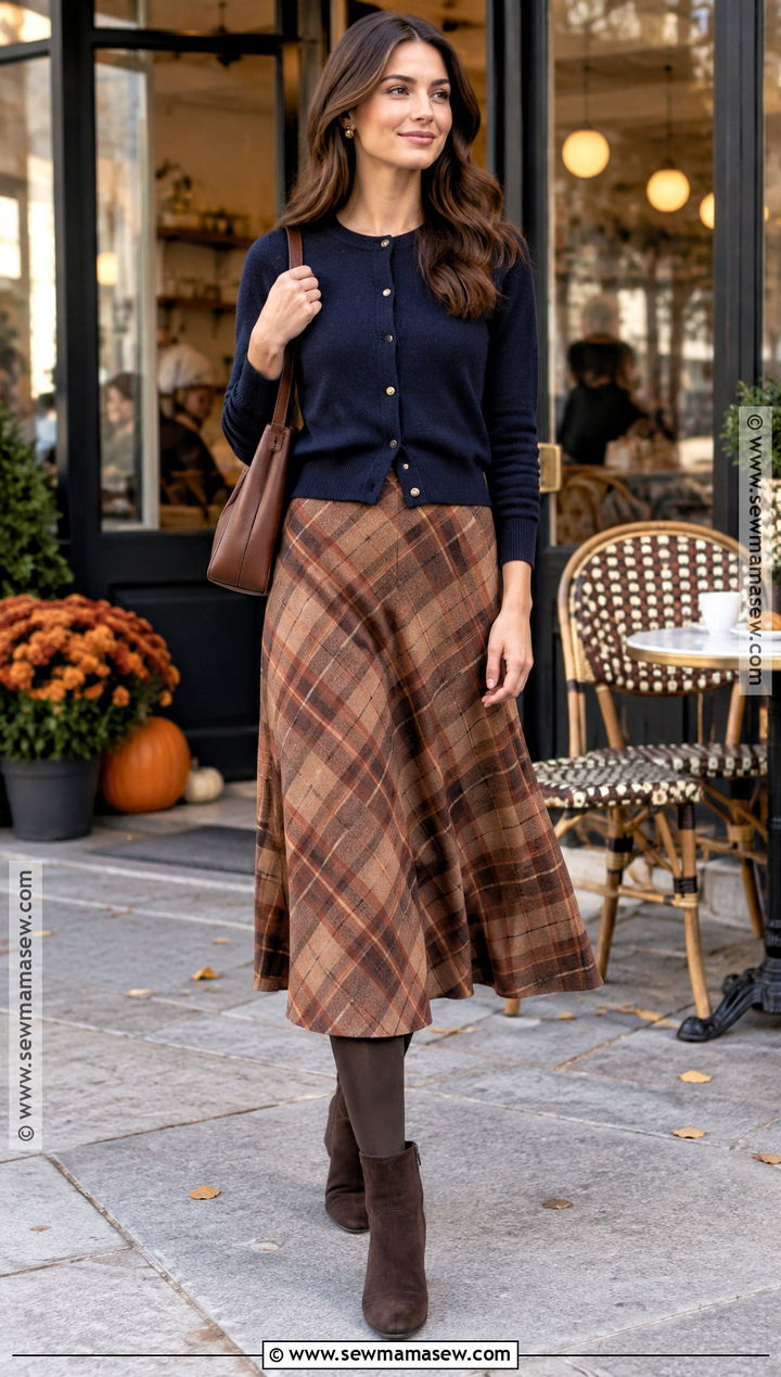 Navy Cardigan With Plaid Midi Skirt - 20 Navy Autumn Outfit Ideas