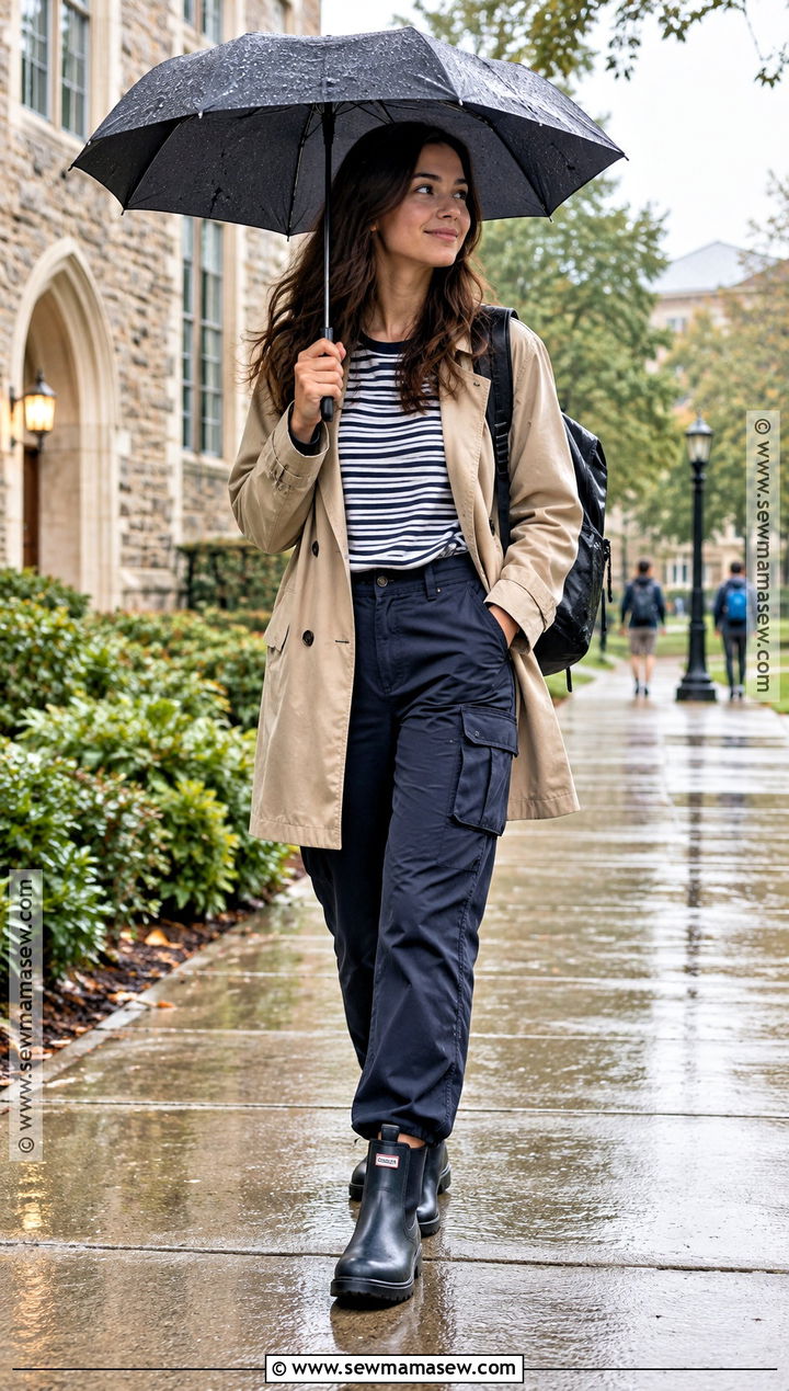 Navy Cargo Pants With Lightweight Trench Coat - 20 back to school outfits cargo pants