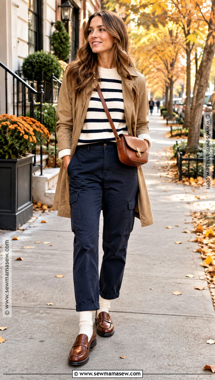 Navy Cargo Pants With Striped Sweater - 15 Cargo Pants Outfit Fall Street Styles