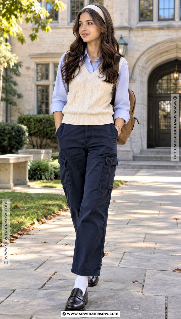 Navy Cargo Pants With Sweater Vest - 20 back to school outfits cargo pants
