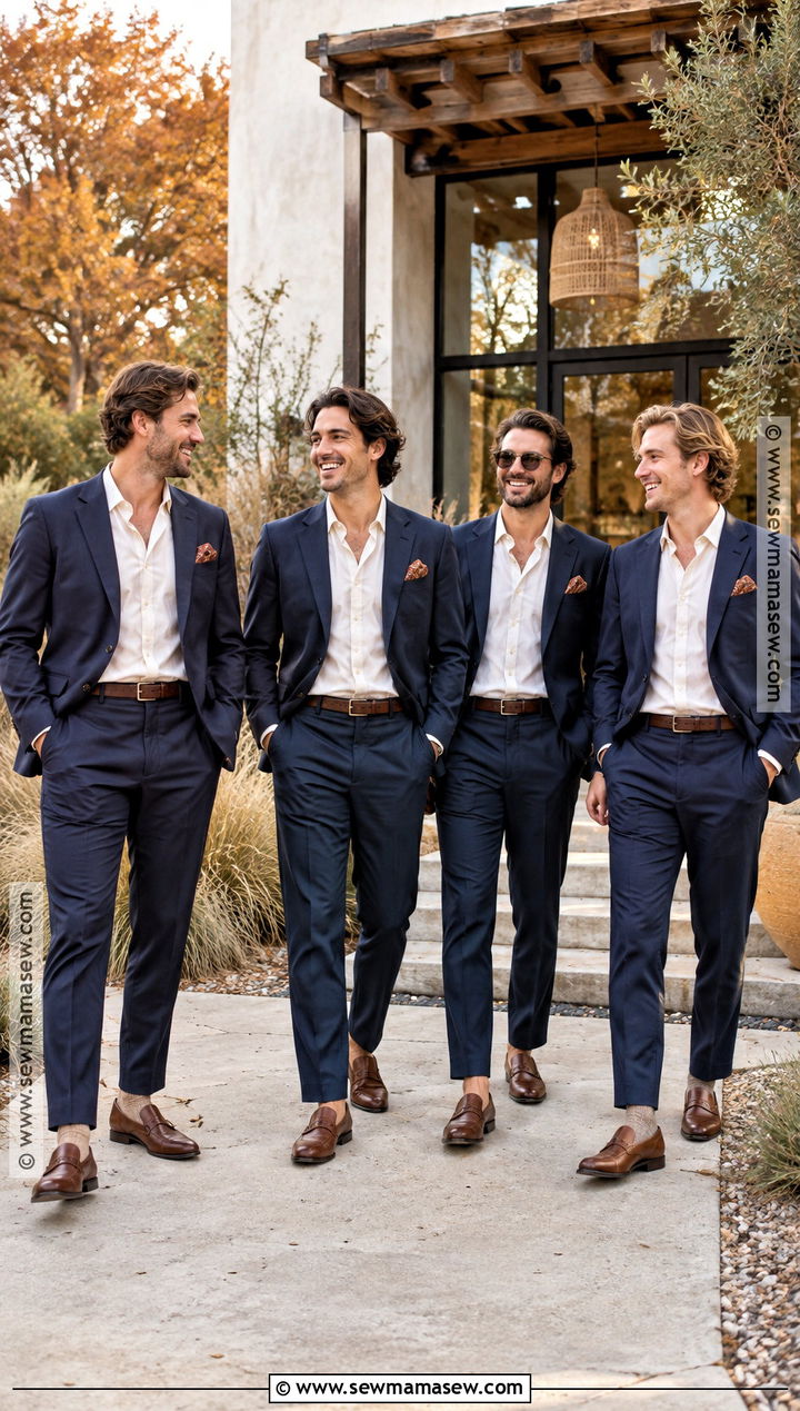 Navy Chino Suit With Open Collar And Loafers - 15 fall boho groomsmen attire ideas