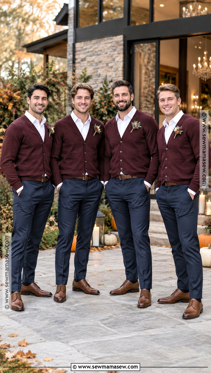 Navy Chinos and Burgundy Cardigan Groomsmen Attire - 15 groomsmen attire casual fall ideas