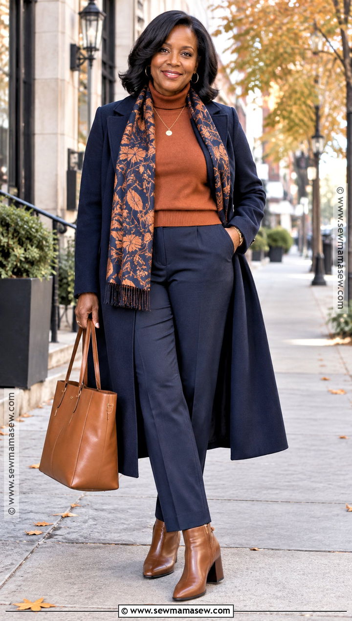 Navy Coat And Copper Sweater Fall Outfit - 15 Fall Colors Outfits for Black Women