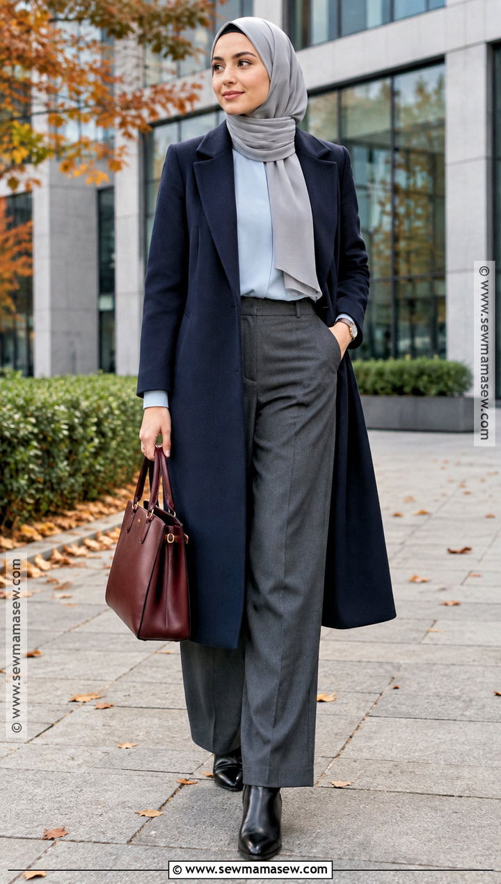 Navy Coat And Gray Trousers Fall Hijab Outfit - 20 fall outfit hijab ideas