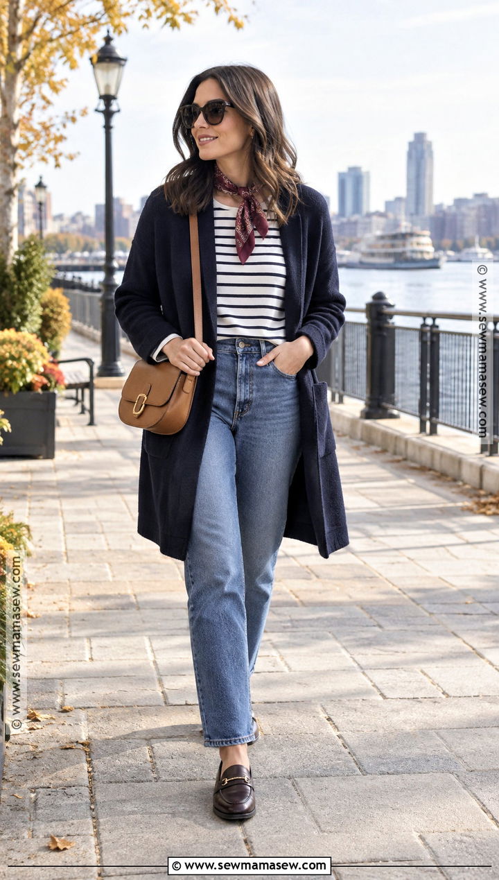 Navy Coatigan With A Striped Top - 15 Coatigan Outfit Fall Ideas