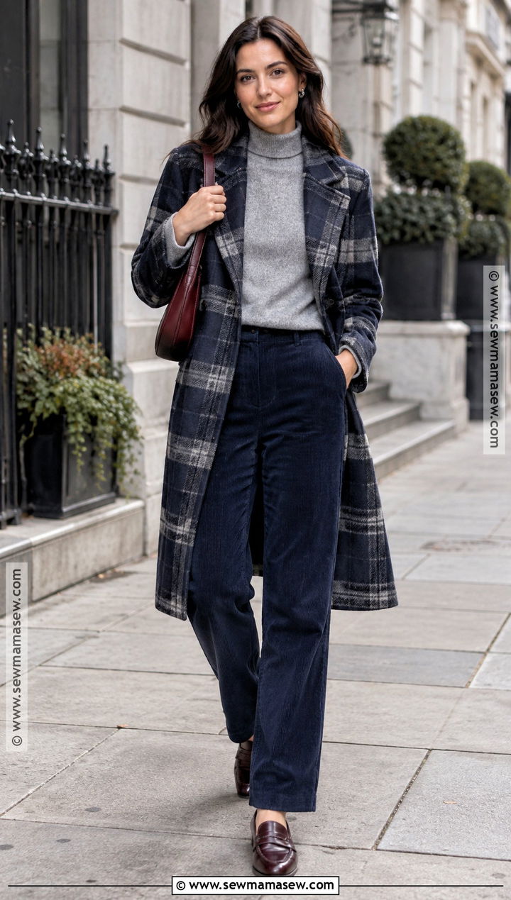 Navy Corduroy Pants With Gray Sweater - 20 Navy Fall Outfits