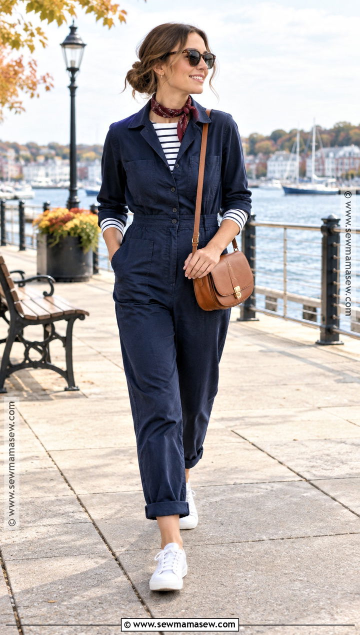 Navy Coverall With Breton Shirt And White Sneakers - 15 fall coverall outfit ideas