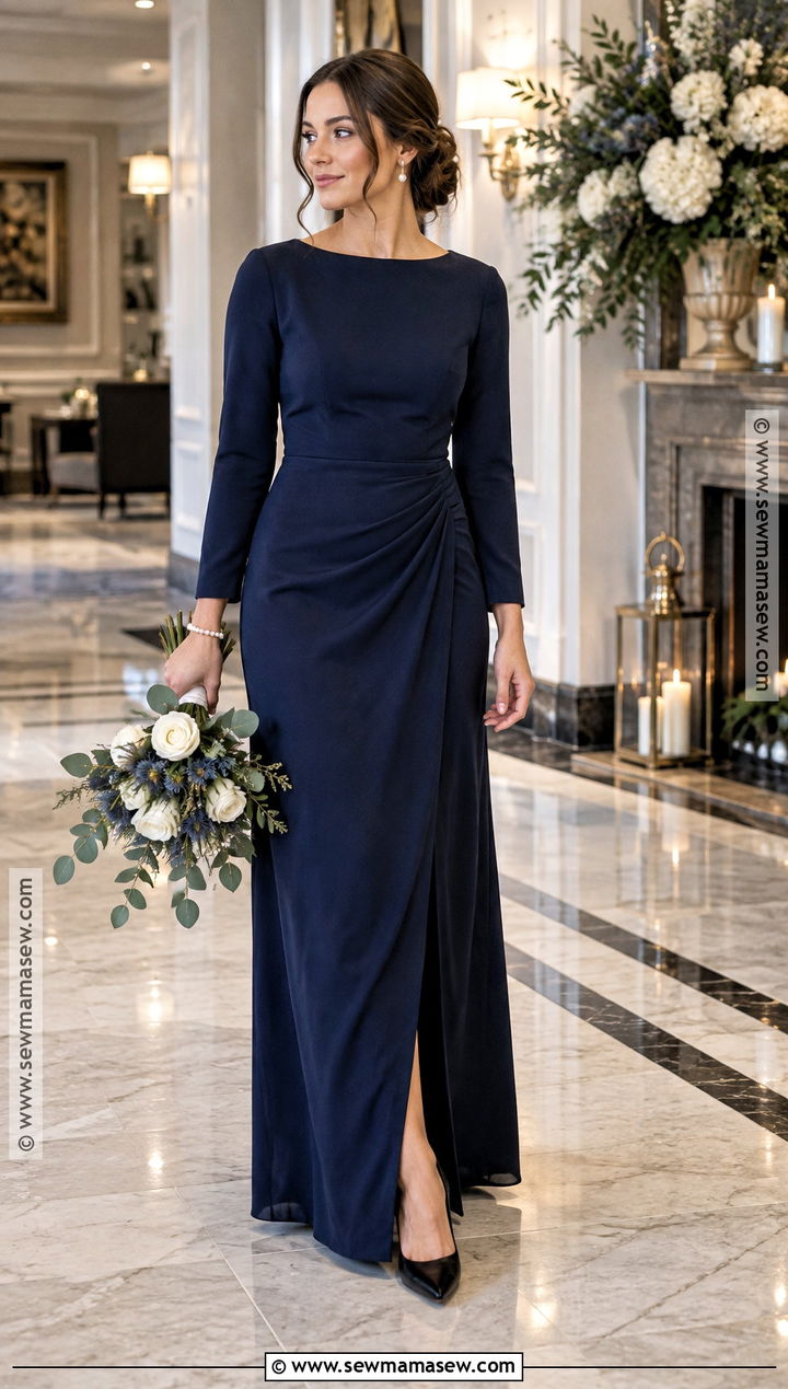 Navy Crepe Bridesmaid Dress With Pearl Jewelry - 15 Moody Fall Bridesmaid Dresses