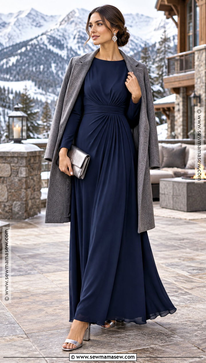 Navy Crepe Mountain Wedding Guest Dress - 20 fall mountain wedding guest dress ideas