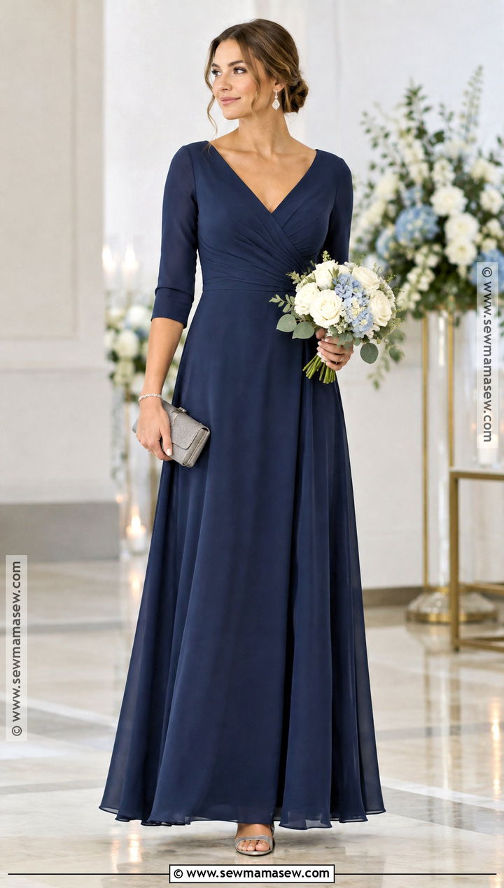 Navy Crepe Three Quarter Sleeve Bridesmaid Dress - 15 Fall Bridesmaid Dresses With Sleeves