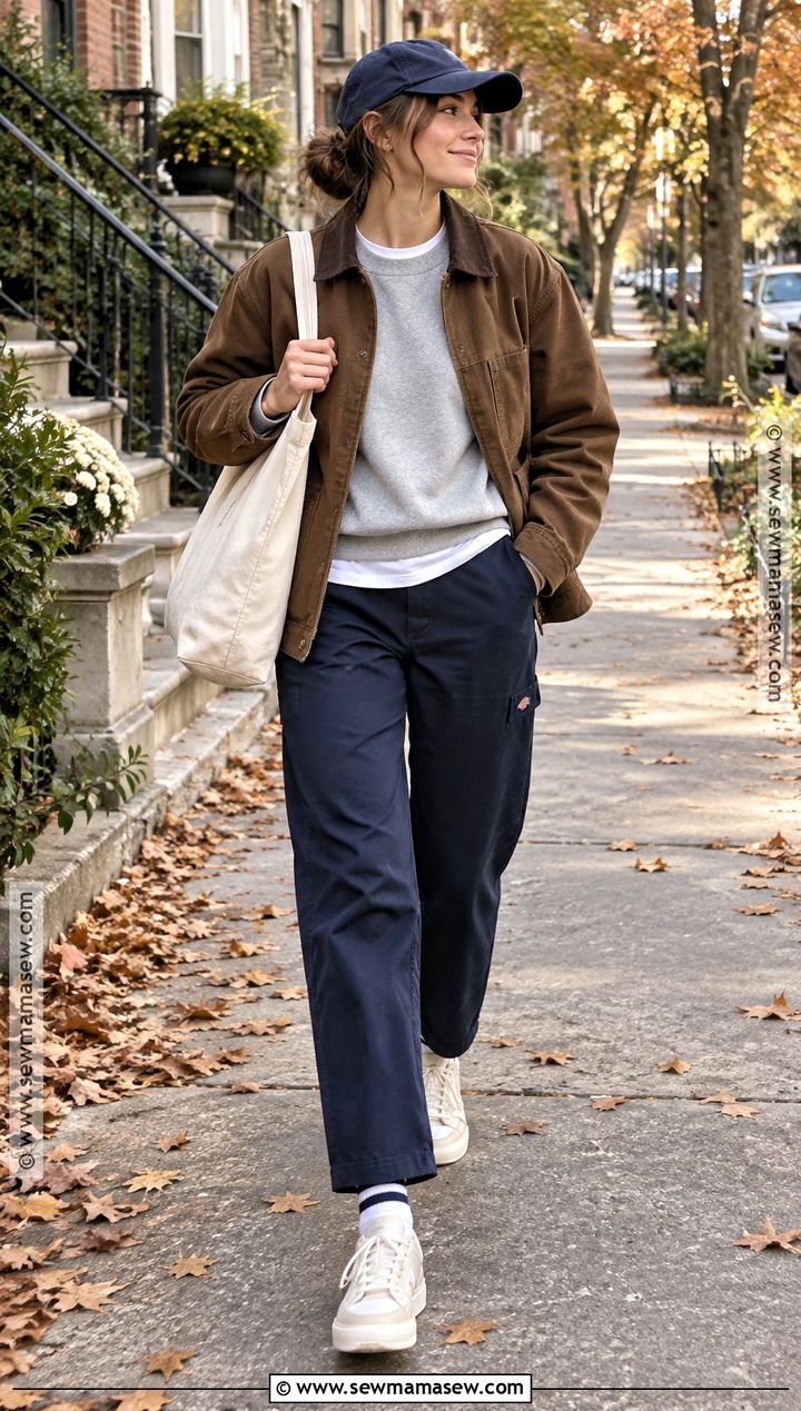Navy Dickies Pants With Crewneck Sweatshirt And Chore Jacket - 15 Dickies Pants Outfits Women Fall