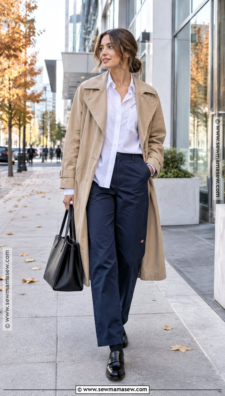 Navy Dickies Pants With White Button Down And Trench Coat - 15 Dickies Pants Outfits Women Fall