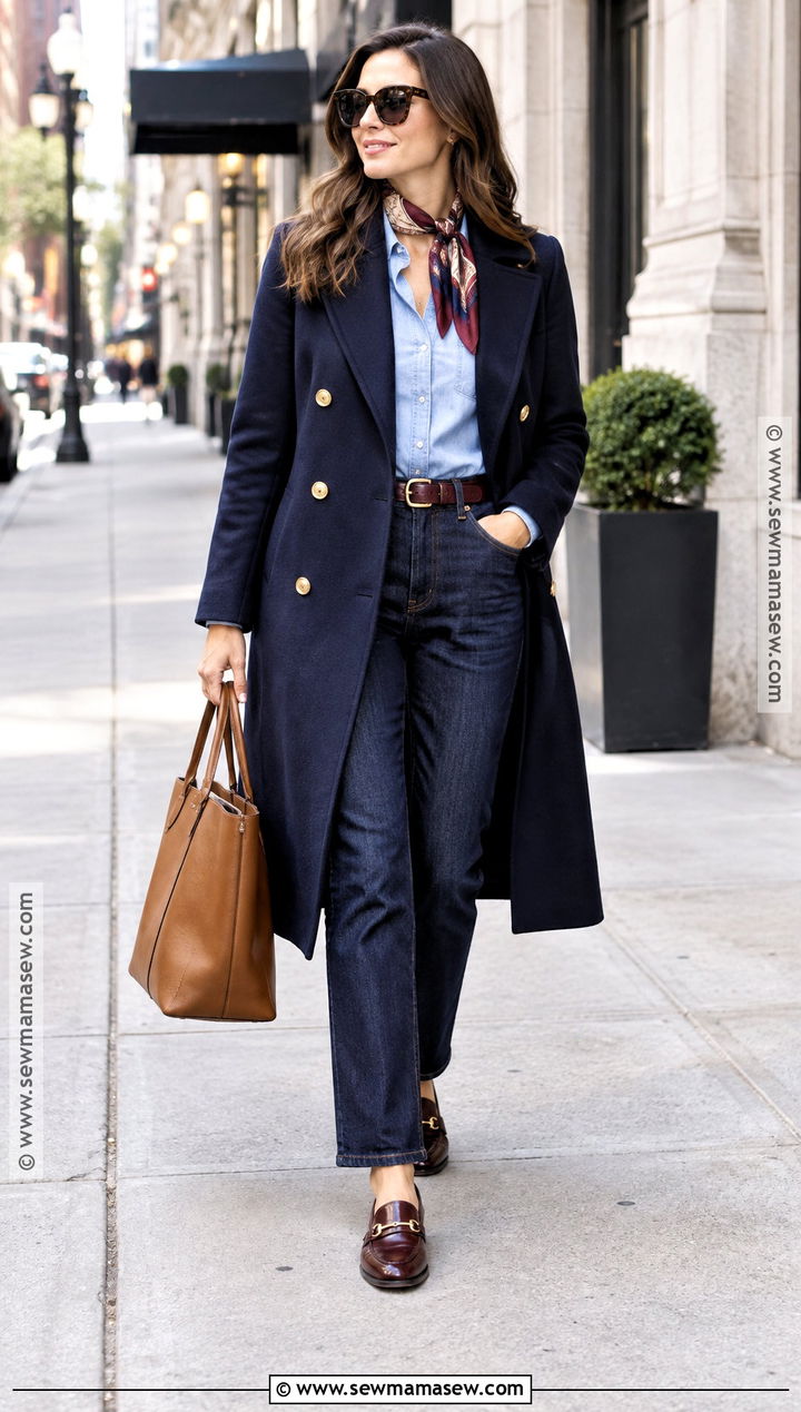 Navy Double Breasted Coat With Chambray Shirt And Jeans - 20 long fall coat ideas