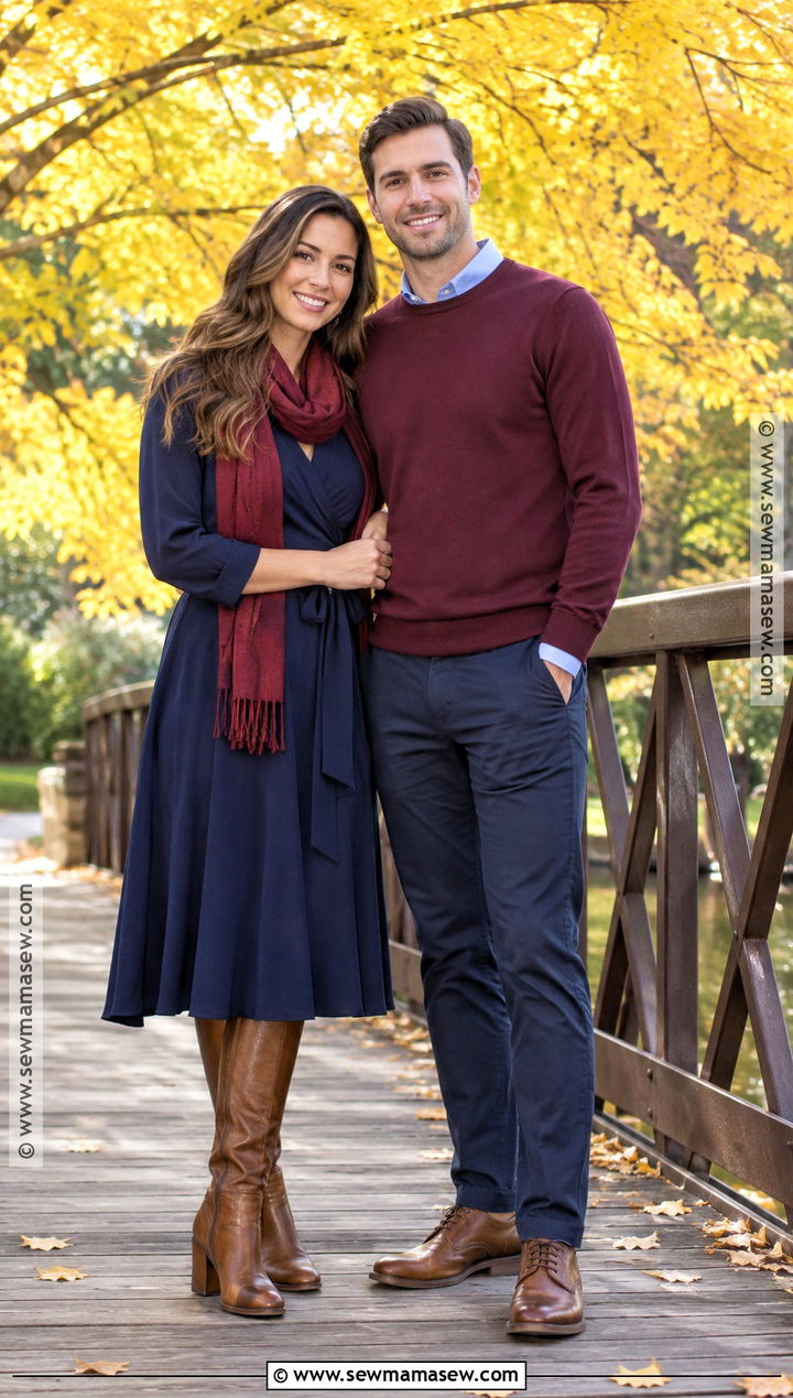 Navy Dress And Burgundy Sweater Fall Couple Outfit - 20 fall couple photoshoot outfits photo ideas outdoor