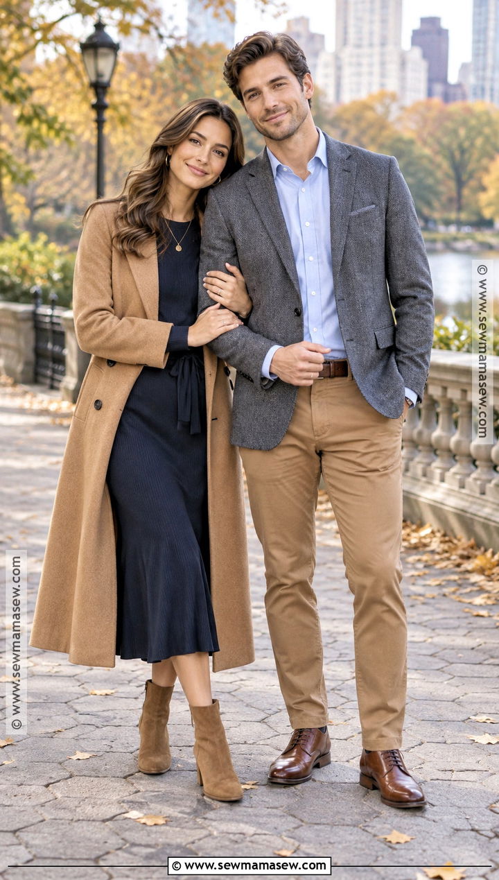 Navy Dress And Camel Coat Autumn Engagement Photo Outfit - 20 autumn engagement photos outfits