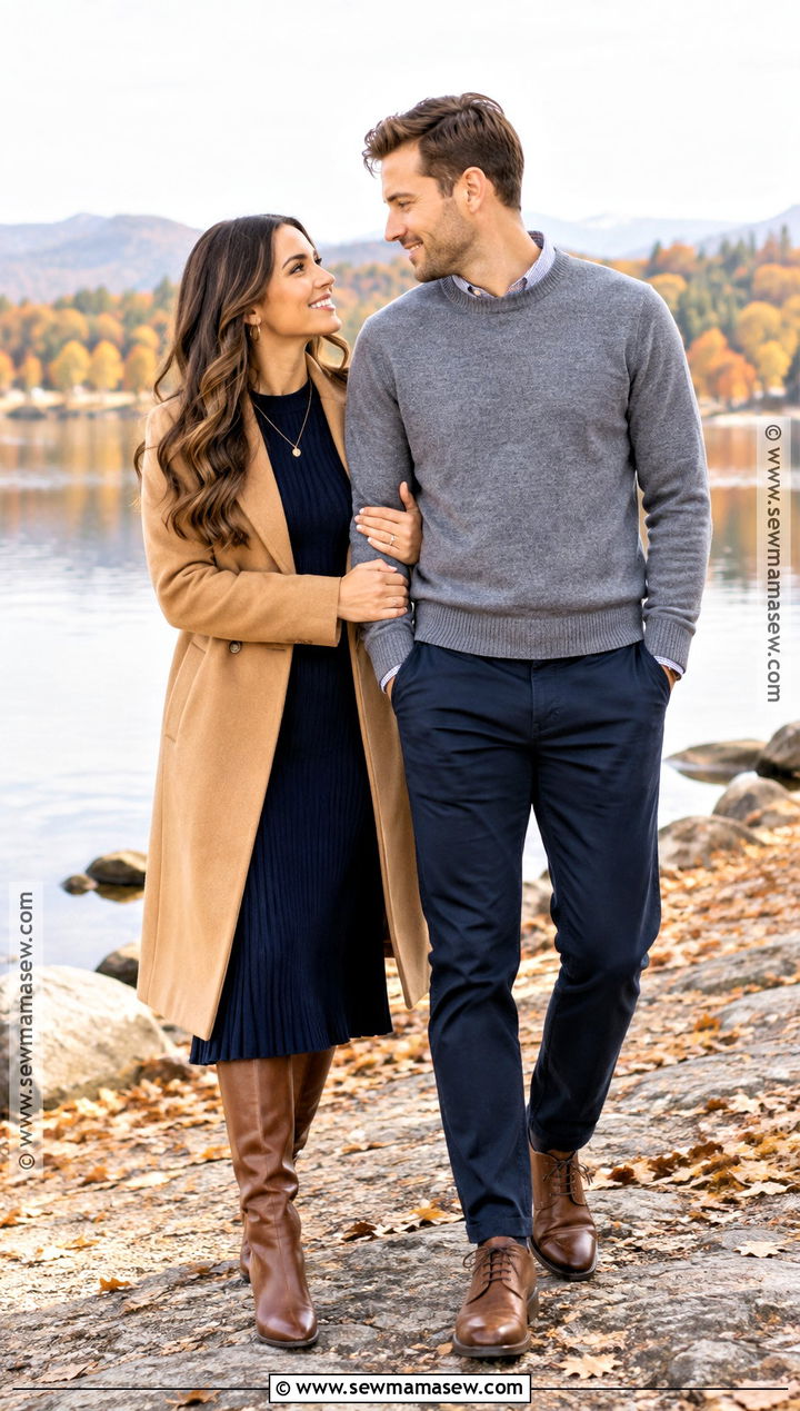 Navy Dress And Camel Coat Fall Engagement Outfit - 20 fall engagement pictures outfit outdoor ideas