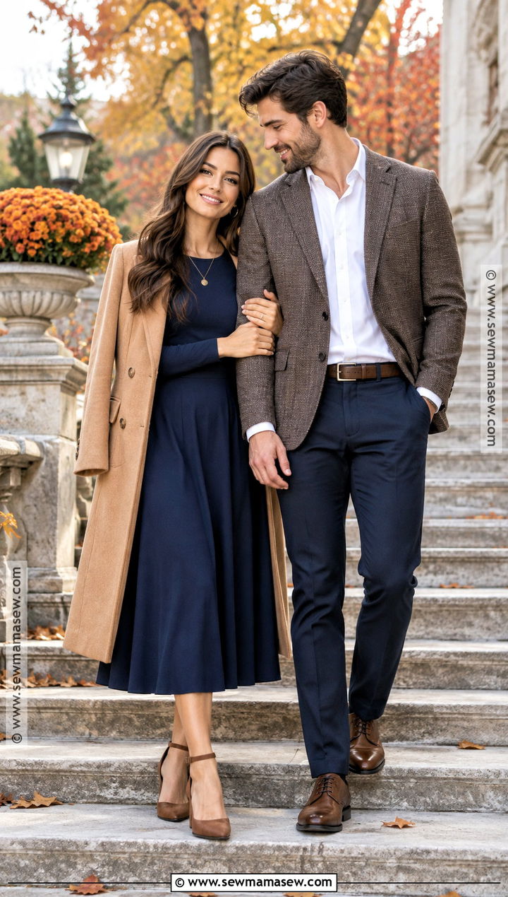 Navy Dress And Camel Coat Fall Engagement Photo Outfit - 25 engagement photos outfits fall